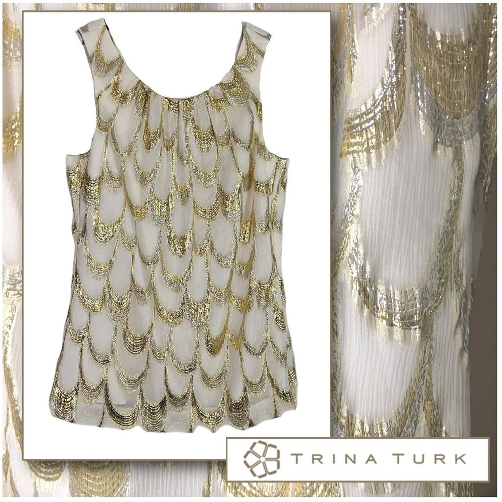 𝗧𝗥𝗜𝗡𝗔 𝗧𝗨𝗥𝗞 💮 Silk & Metallic Sleeveless Cocktail Top